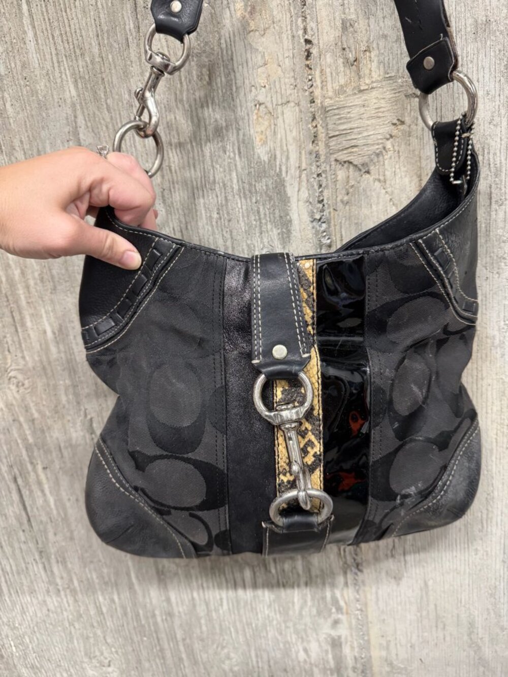 Vintage Coach Signature Jacquard Hobo with Snakeskin and Patent Leather Stripes